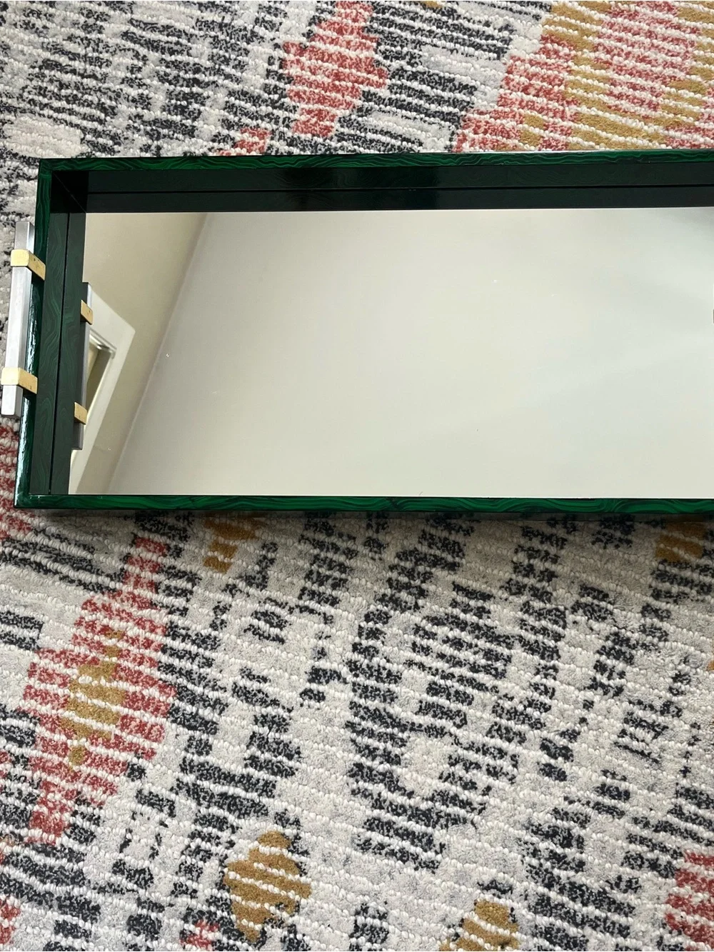 John Richard Emerald Green /black Glass Vanity Tray with Gold/silver Handles